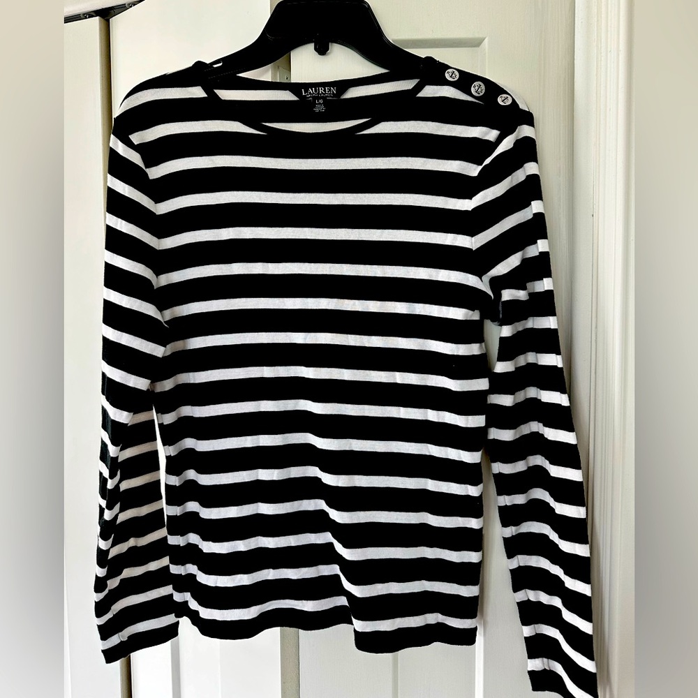 Ralph Lauren striped tee with silver buttons on the shoulder. Good condition.